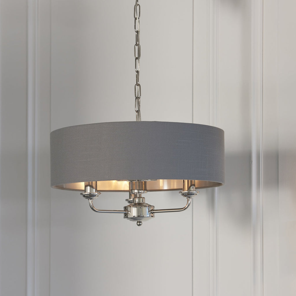94377 Highclere 3 Light Pendant Bright Nickel Plate & Charcoal Fabric