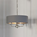 94377 Highclere 3 Light Pendant Bright Nickel Plate & Charcoal Fabric