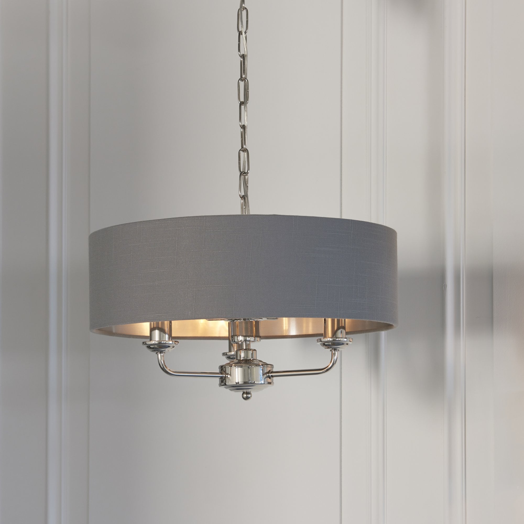 94377 Highclere 3 Light Pendant Bright Nickel Plate & Charcoal Fabric