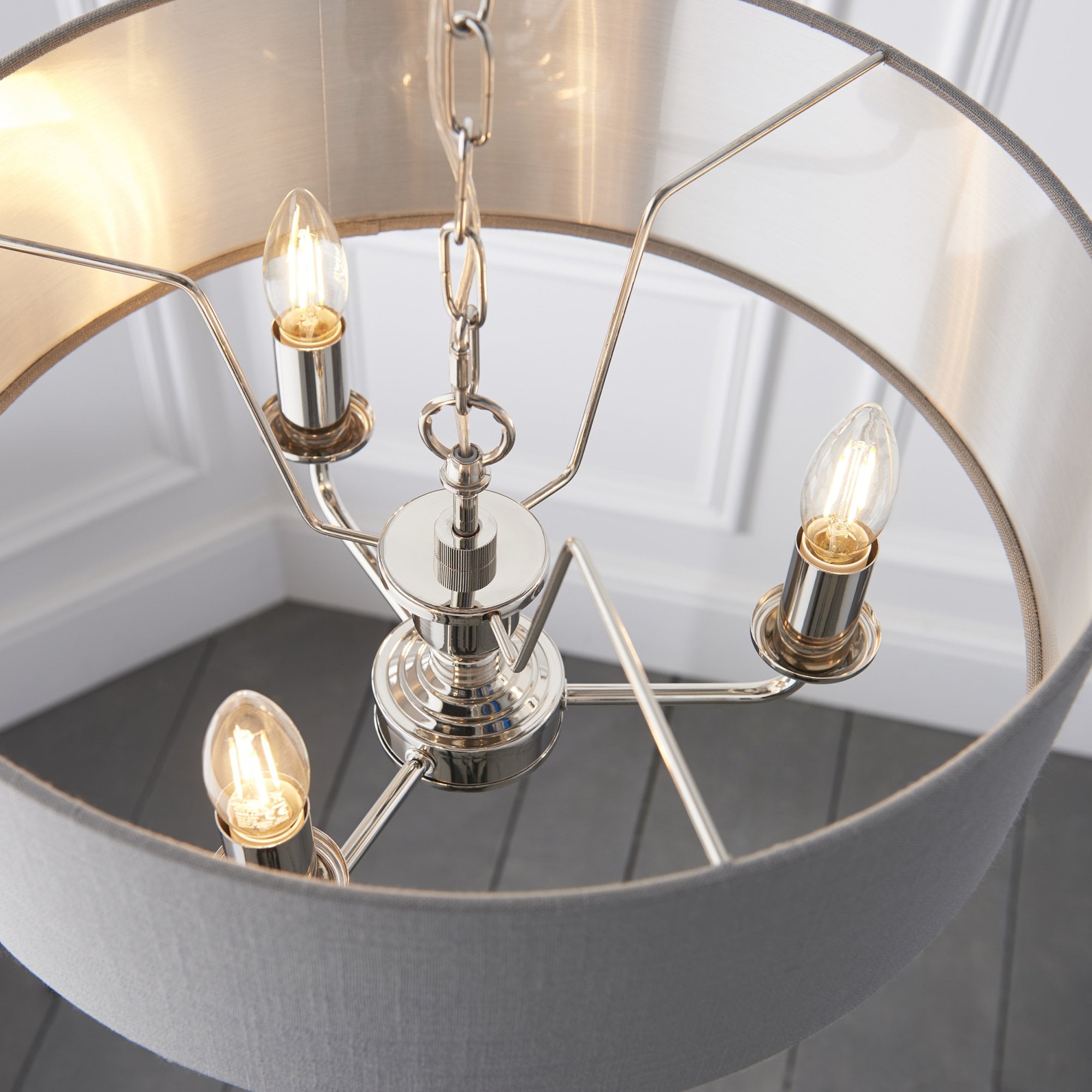 94377 Highclere 3 Light Pendant Bright Nickel Plate & Charcoal Fabric