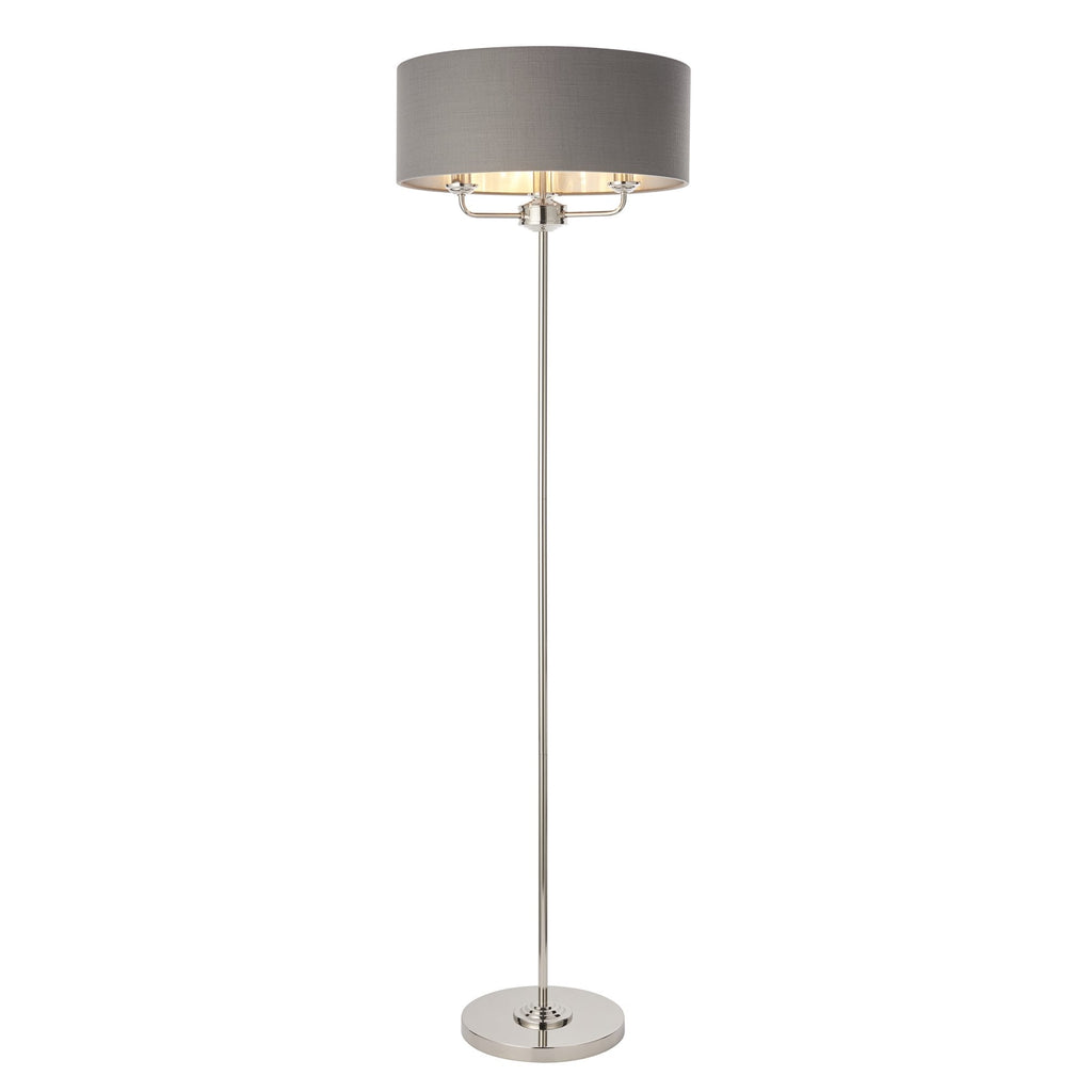 94378 Highclere 3 Light Floor Lamp Bright Nickel Plate & Charcoal Fabric