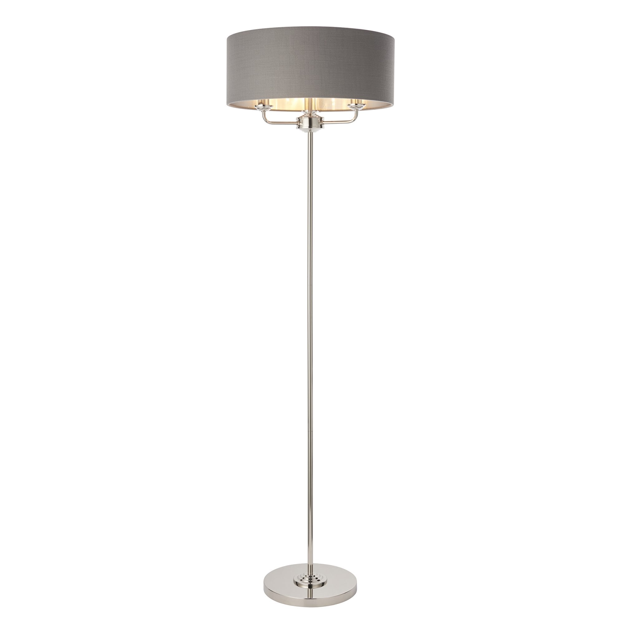 94378 Highclere 3 Light Floor Lamp Bright Nickel Plate & Charcoal Fabric