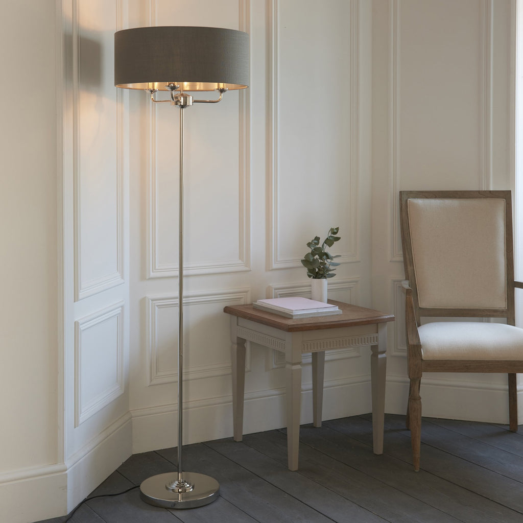 94378 Highclere 3 Light Floor Lamp Bright Nickel Plate & Charcoal Fabric