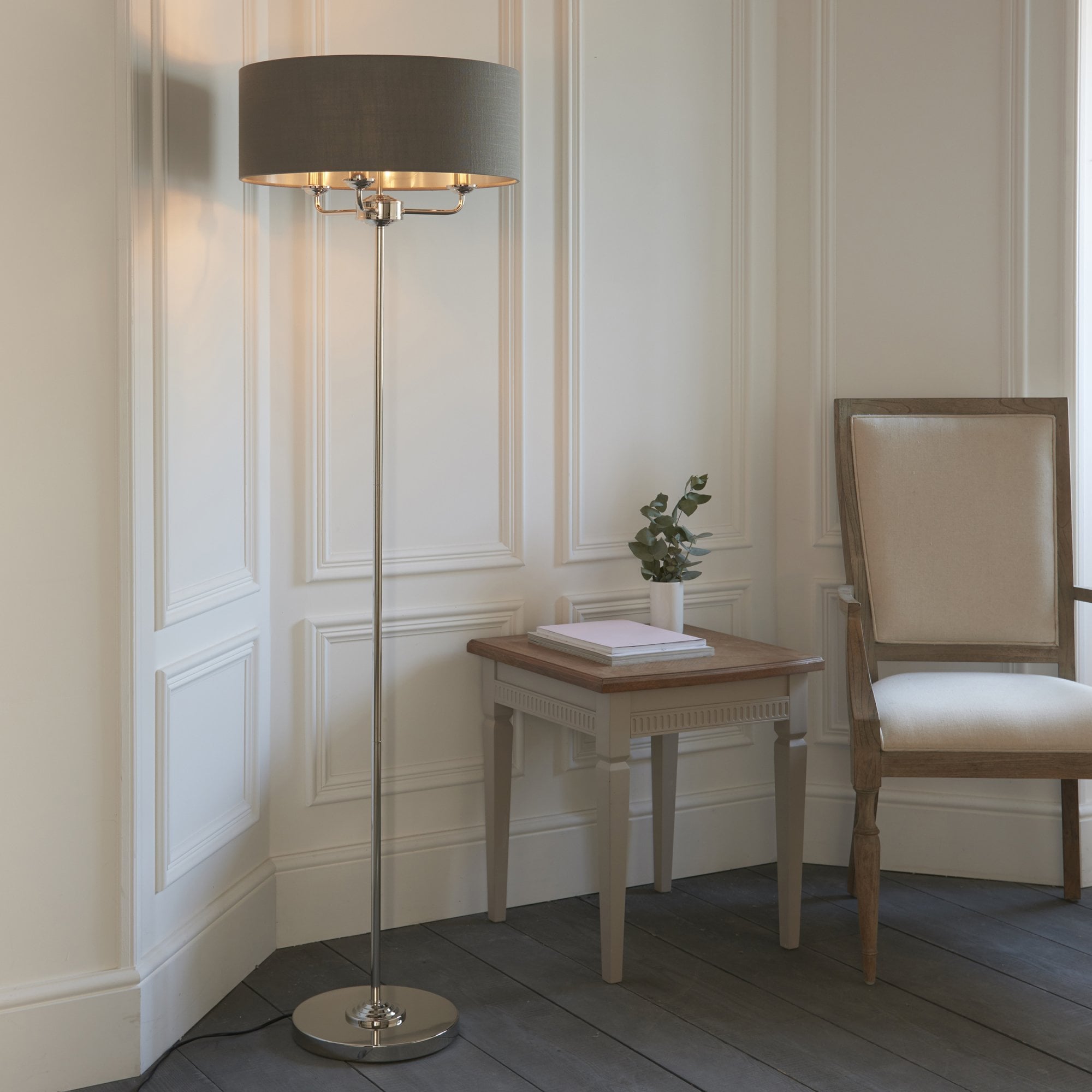 94378 Highclere 3 Light Floor Lamp Bright Nickel Plate & Charcoal Fabric