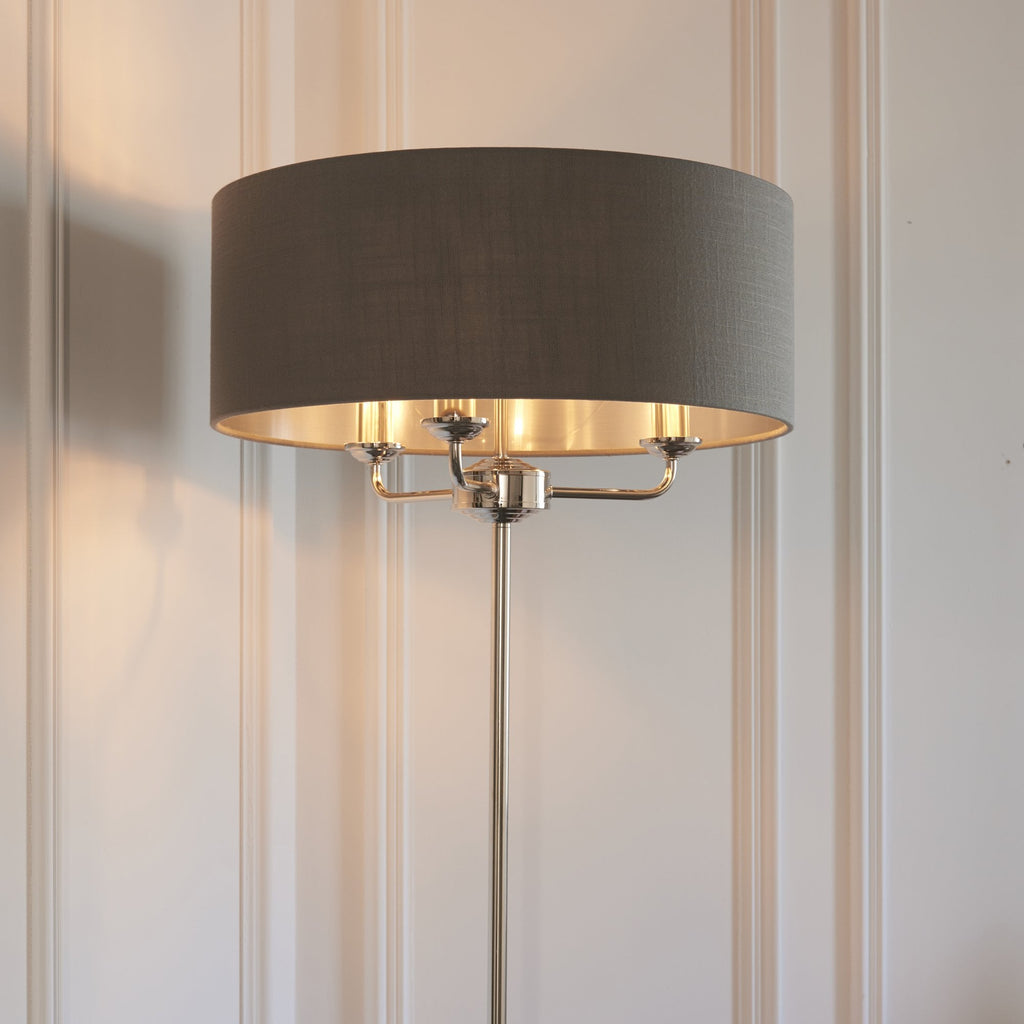 94378 Highclere 3 Light Floor Lamp Bright Nickel Plate & Charcoal Fabric