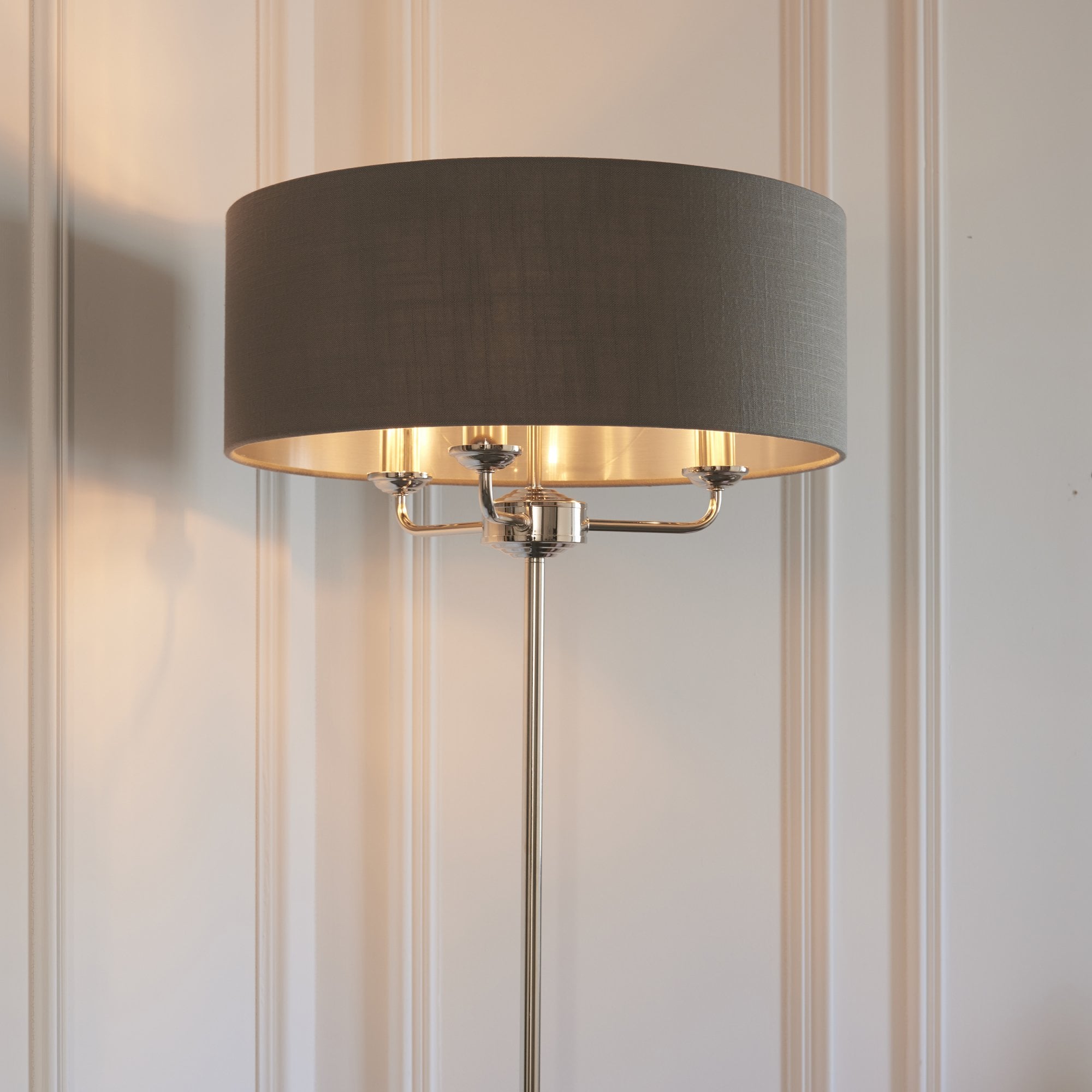 94378 Highclere 3 Light Floor Lamp Bright Nickel Plate & Charcoal Fabric