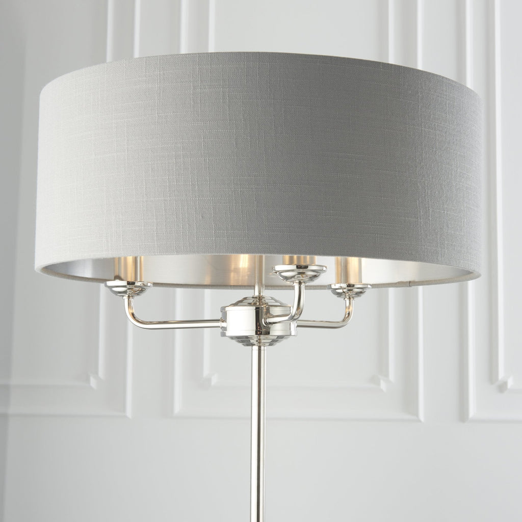 94378 Highclere 3 Light Floor Lamp Bright Nickel Plate & Charcoal Fabric