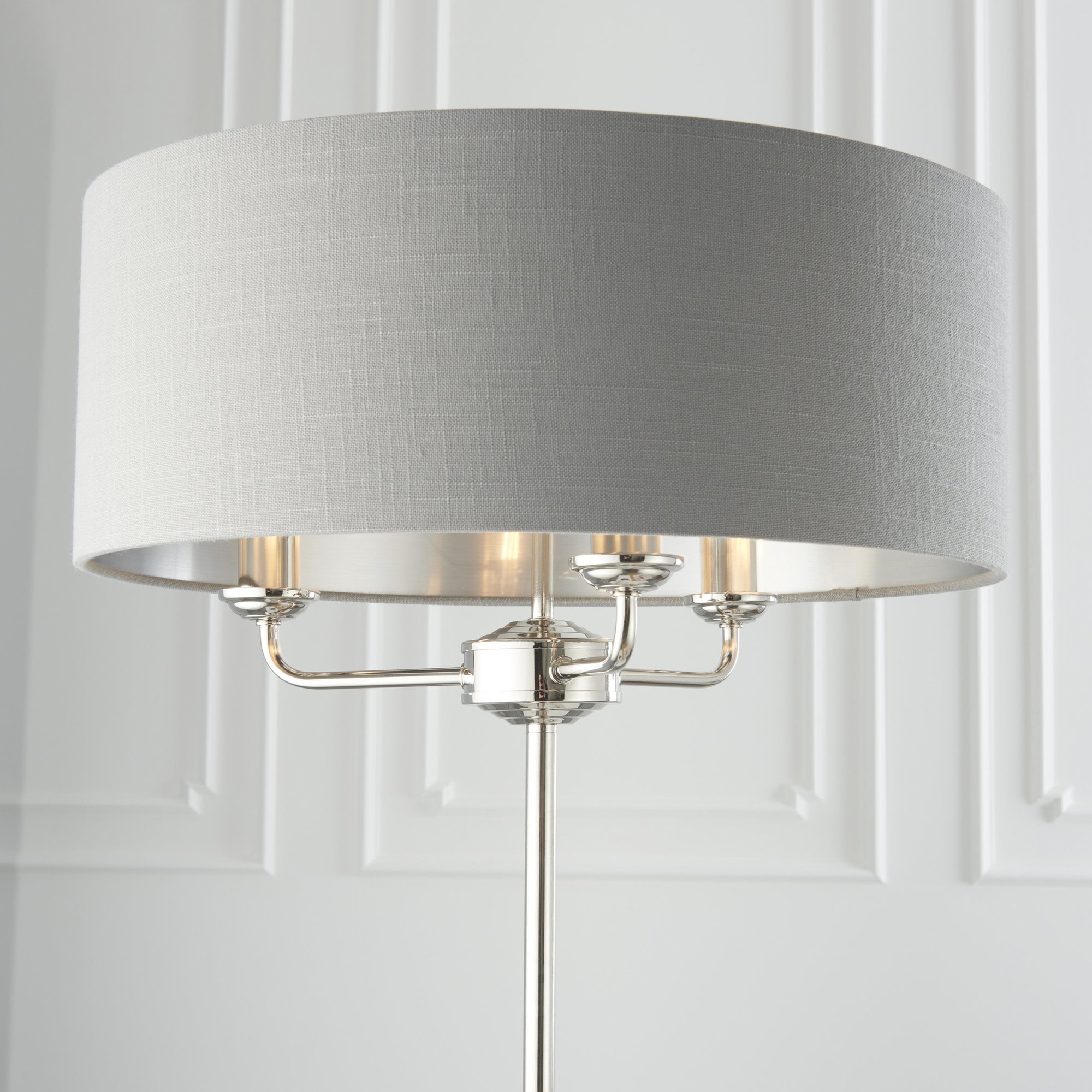 94378 Highclere 3 Light Floor Lamp Bright Nickel Plate & Charcoal Fabric