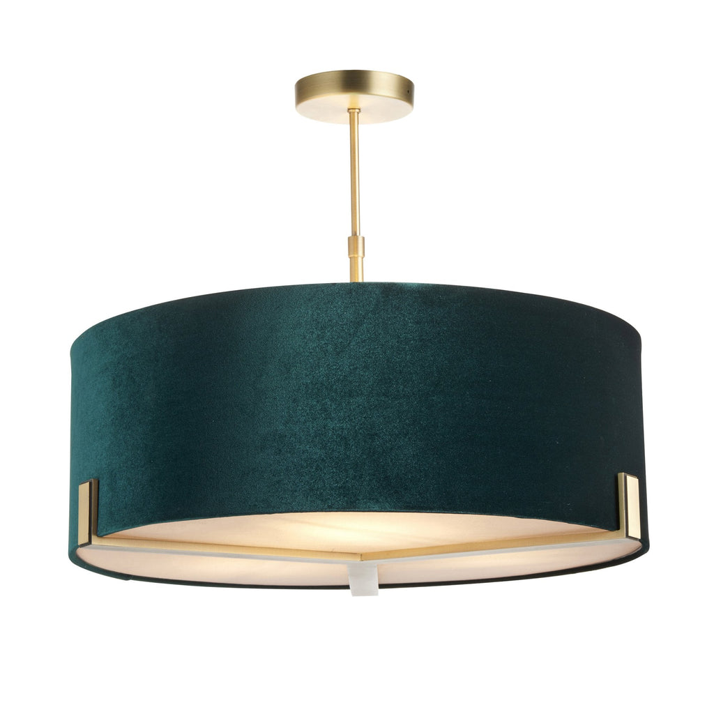 95839 Hayfield 3 Light Pendant Matt Antique Brass Plate & Green Velvet