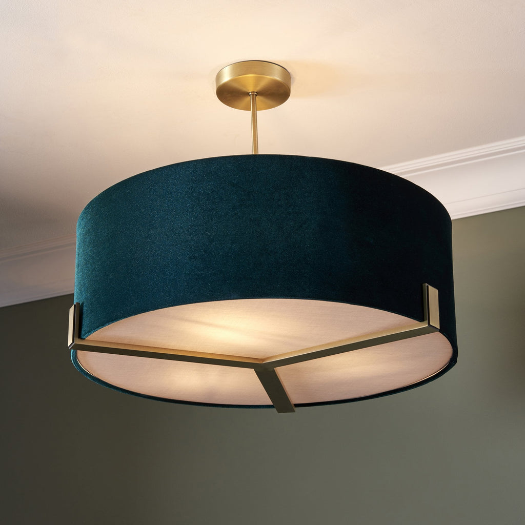 95839 Hayfield 3 Light Pendant Matt Antique Brass Plate & Green Velvet