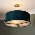 95839 Hayfield 3 Light Pendant Matt Antique Brass Plate & Green Velvet