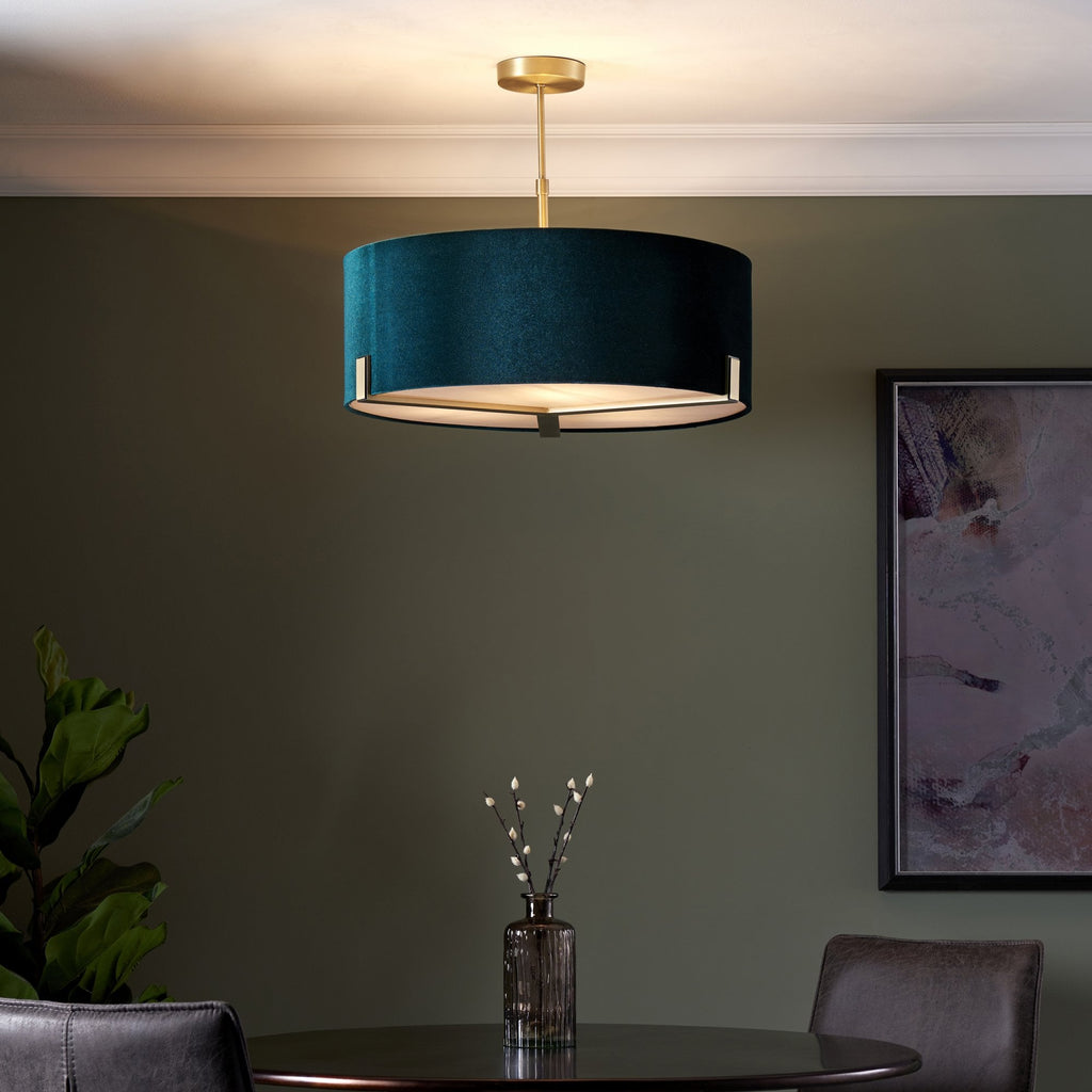 95839 Hayfield 3 Light Pendant Matt Antique Brass Plate & Green Velvet