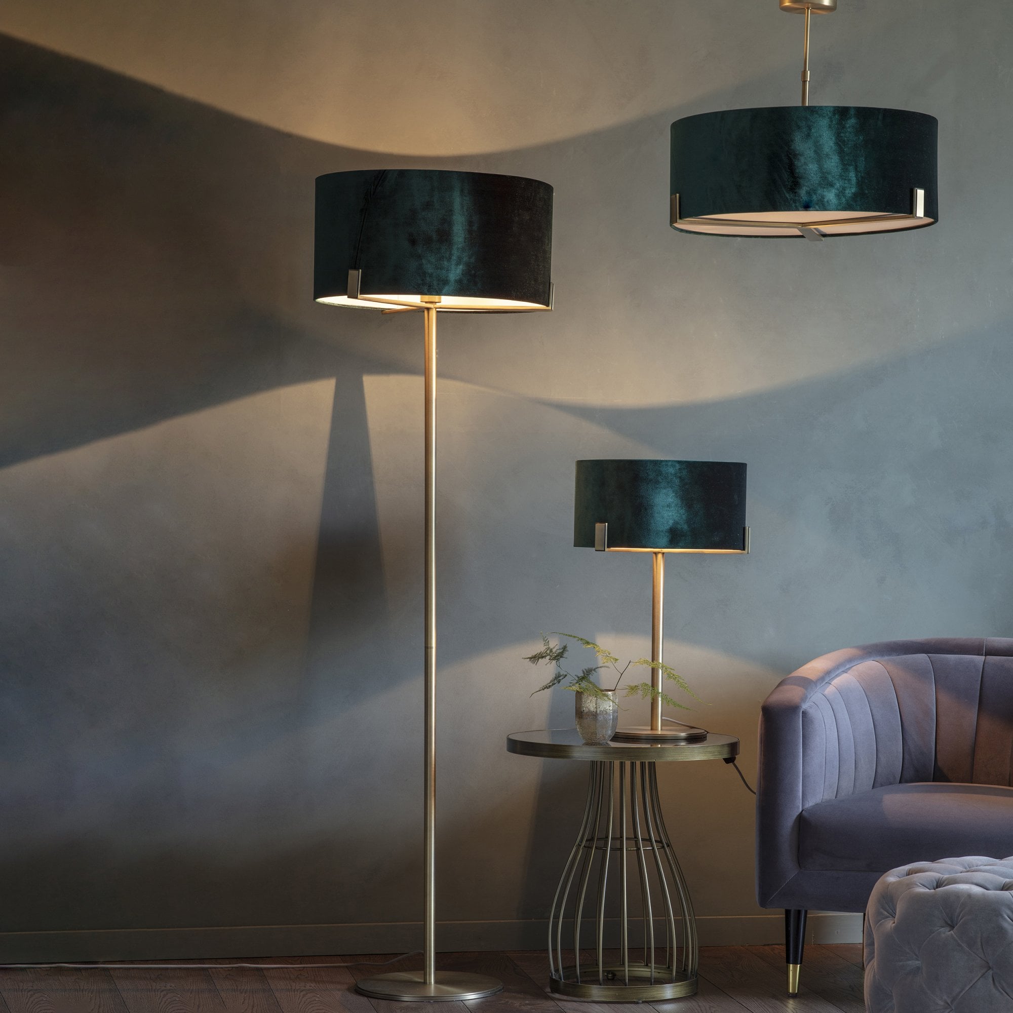 95839 Hayfield 3 Light Pendant Matt Antique Brass Plate & Green Velvet