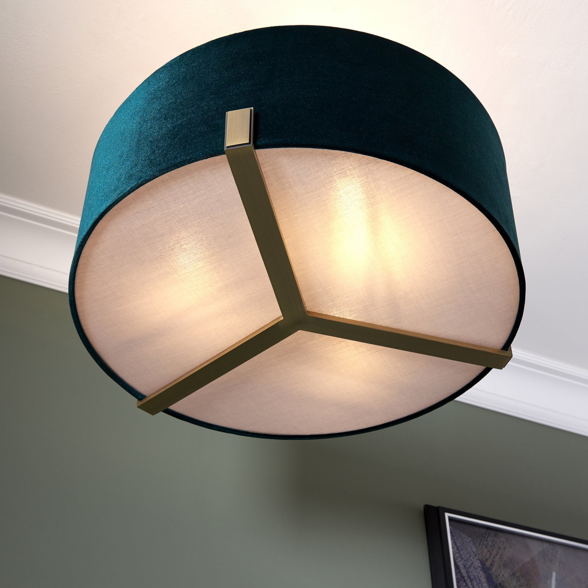 95839 Hayfield 3 Light Pendant Matt Antique Brass Plate & Green Velvet