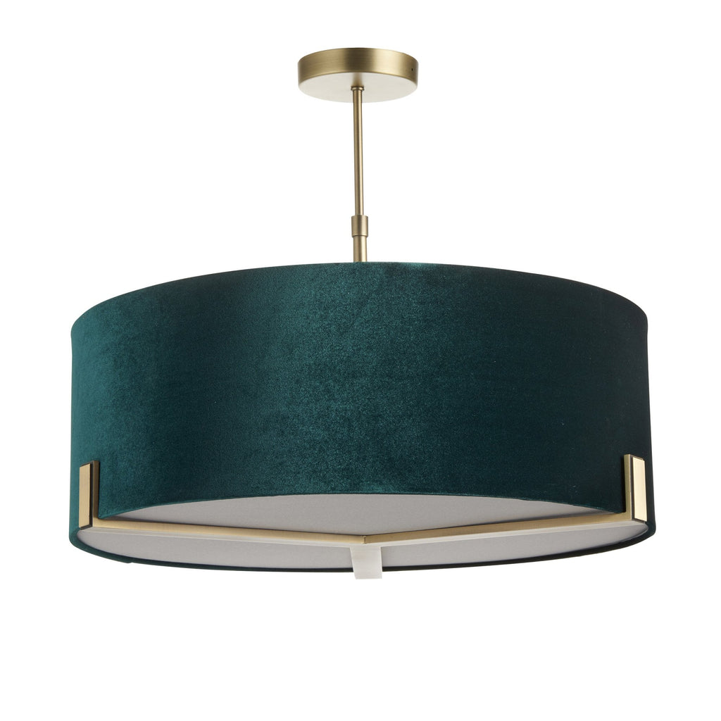 95839 Hayfield 3 Light Pendant Matt Antique Brass Plate & Green Velvet