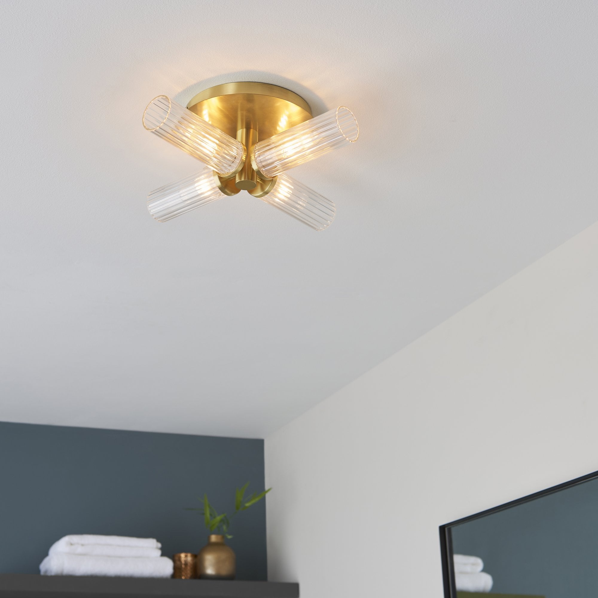96160 Talo Bathroom 4 Light Semi Flush Ceiling Light Satin Brass Plate & Clear Ribbed Glass