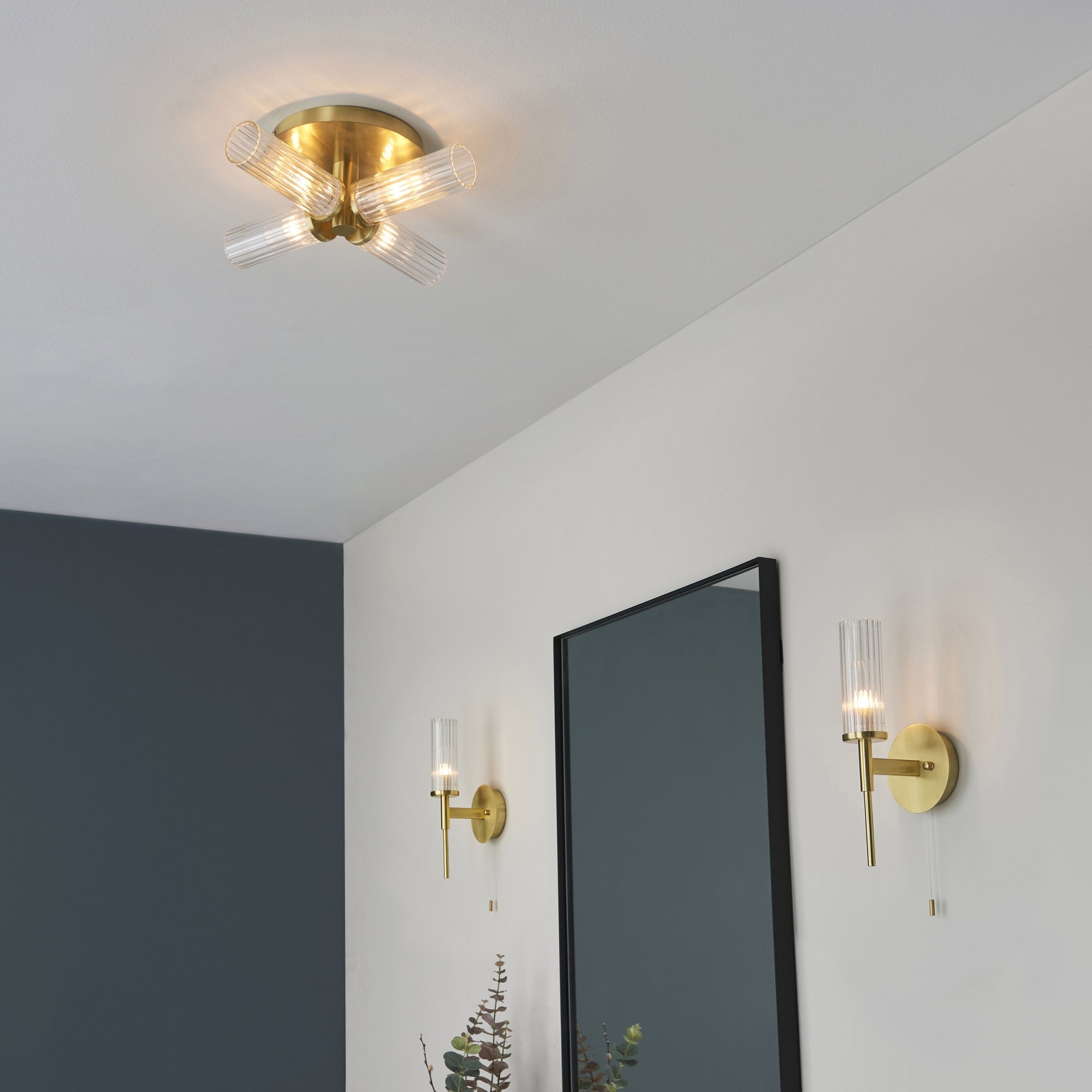 96160 Talo Bathroom 4 Light Semi Flush Ceiling Light Satin Brass Plate & Clear Ribbed Glass