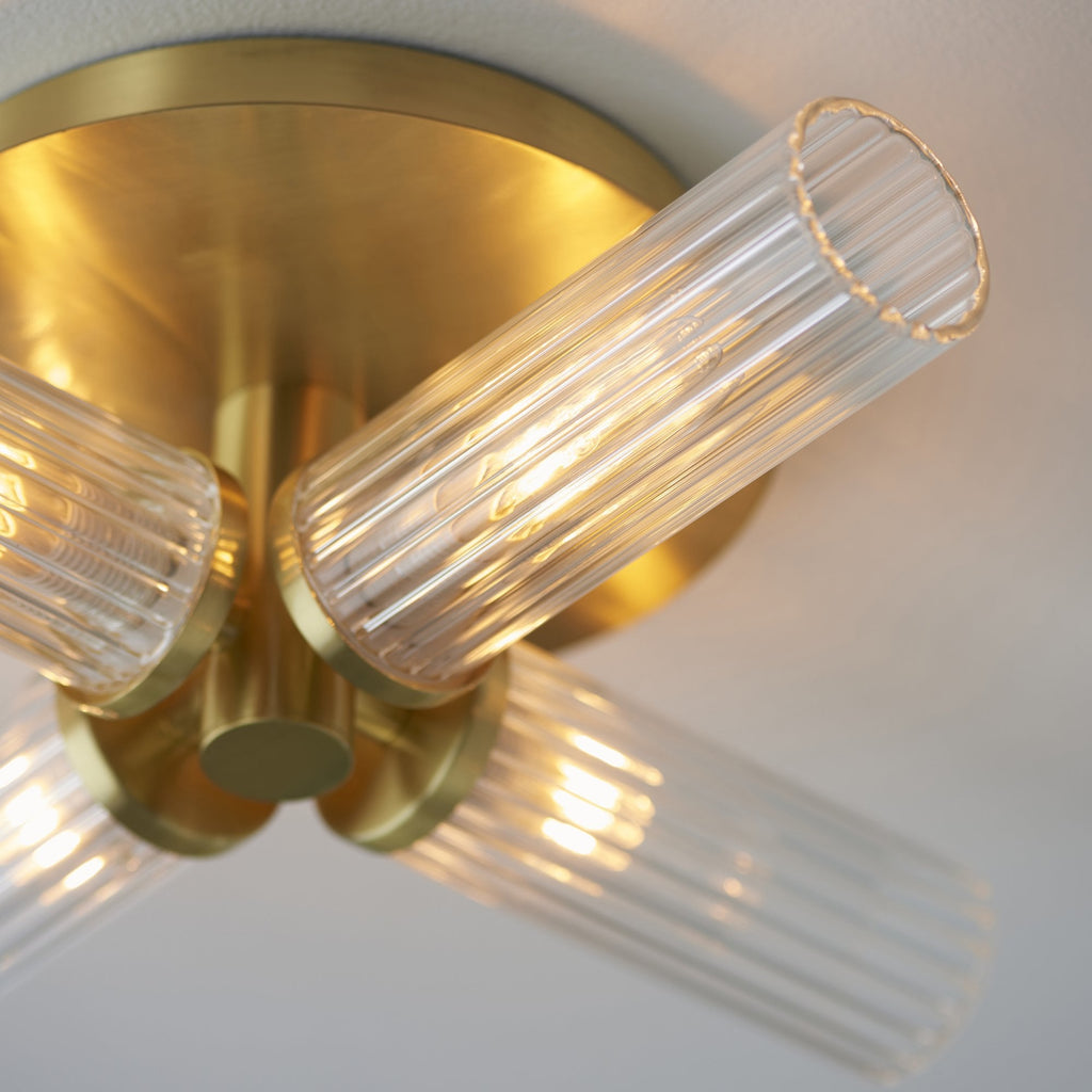 96160 Talo Bathroom 4 Light Semi Flush Ceiling Light Satin Brass Plate & Clear Ribbed Glass