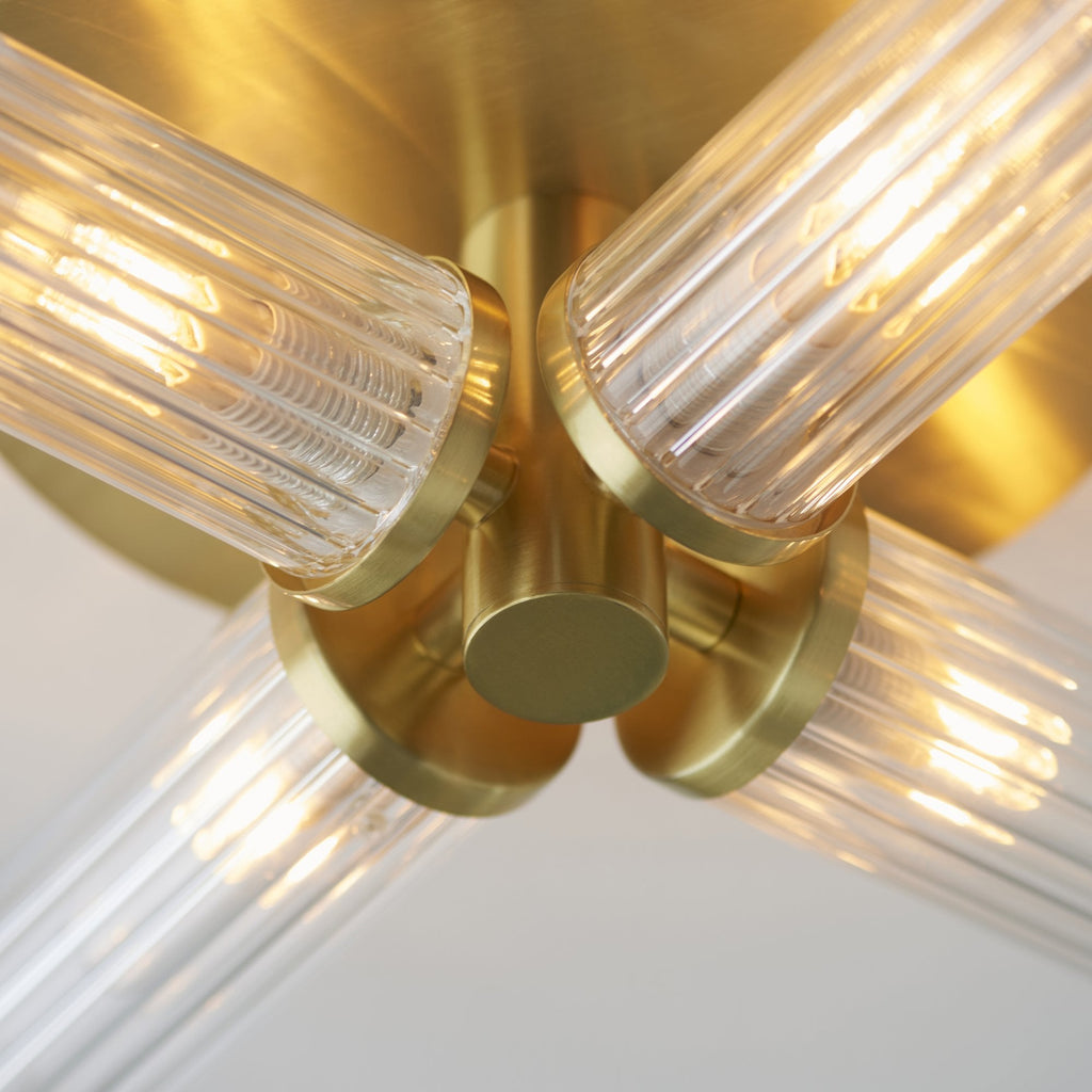 96160 Talo Bathroom 4 Light Semi Flush Ceiling Light Satin Brass Plate & Clear Ribbed Glass