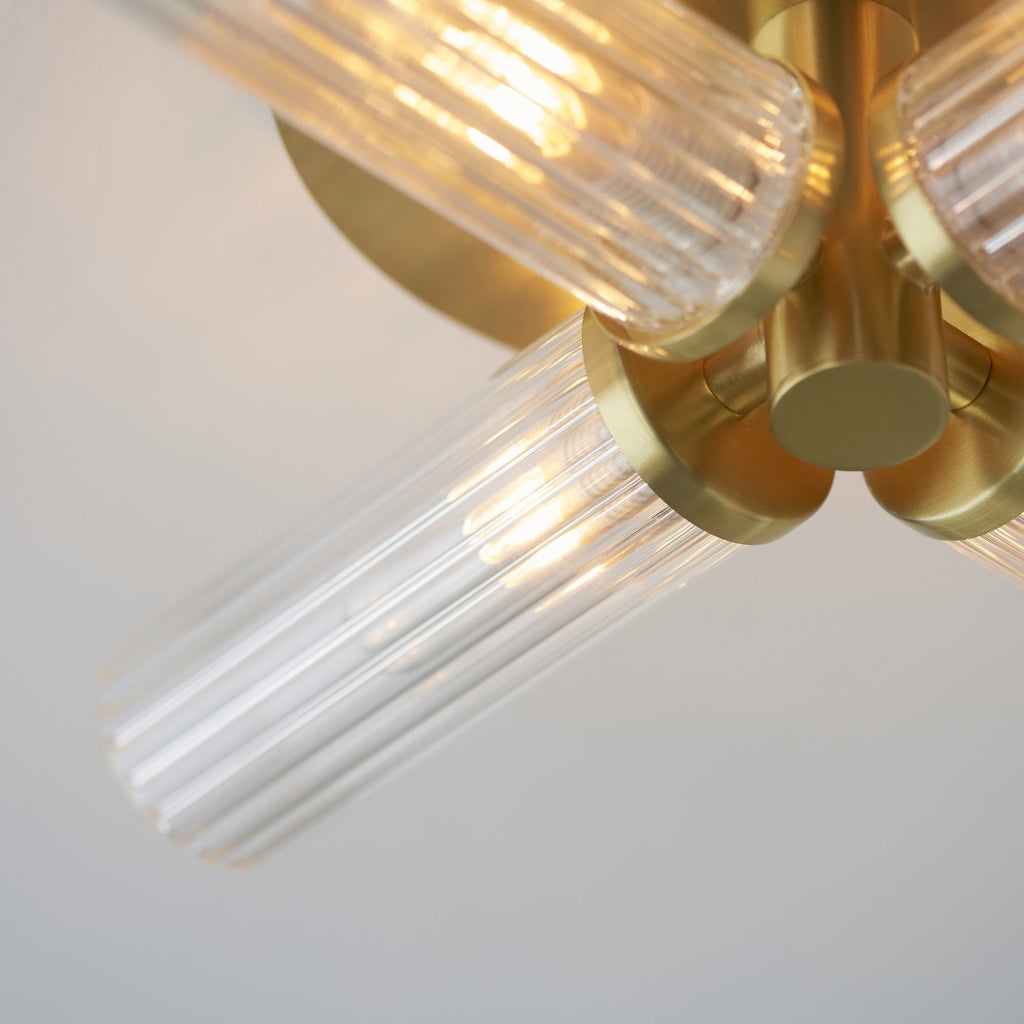 96160 Talo Bathroom 4 Light Semi Flush Ceiling Light Satin Brass Plate & Clear Ribbed Glass
