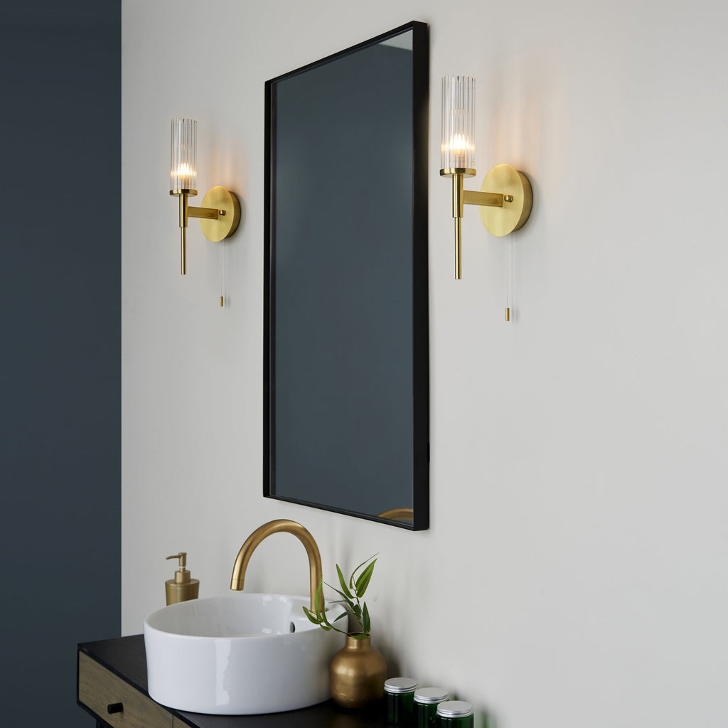 96163 Talo Bathroom 1 Light Wall Light Satin Brass Plate & Clear Ribbed Glass (S)