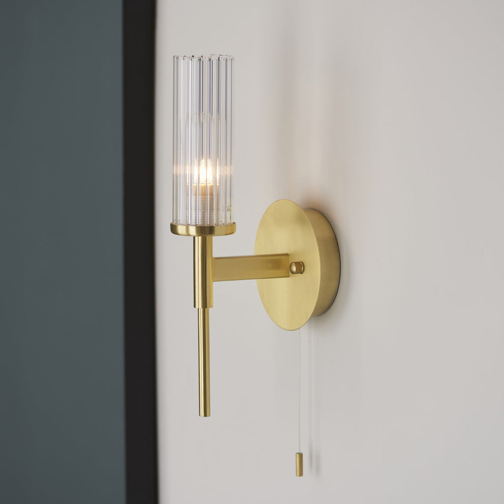 96163 Talo Bathroom 1 Light Wall Light Satin Brass Plate & Clear Ribbed Glass (S)