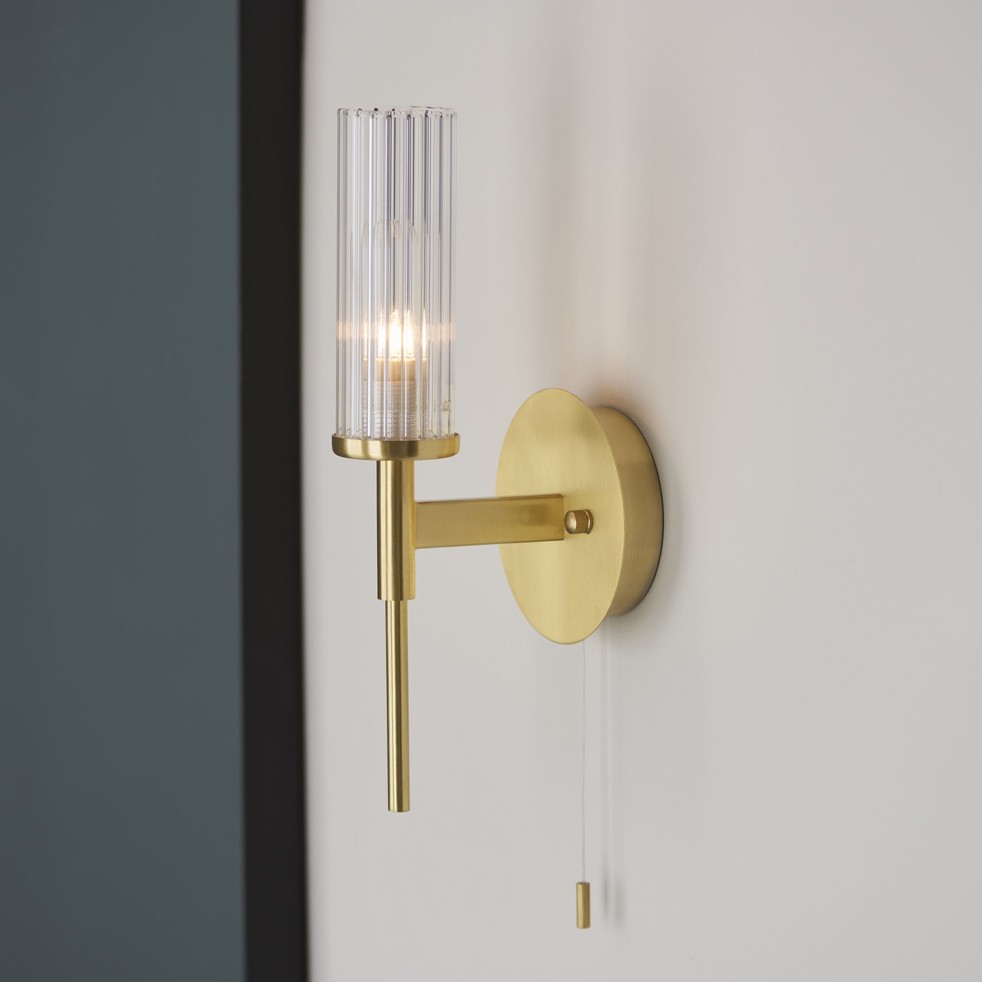 96163 Talo Bathroom 1 Light Wall Light Satin Brass Plate & Clear Ribbed Glass (S)
