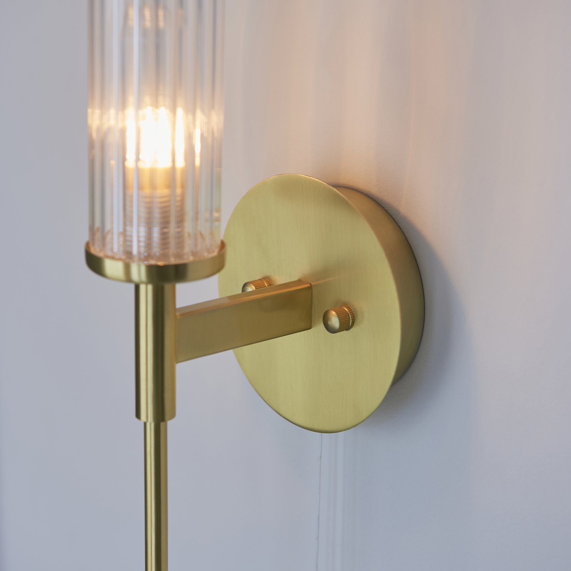 96163 Talo Bathroom 1 Light Wall Light Satin Brass Plate & Clear Ribbed Glass (S)