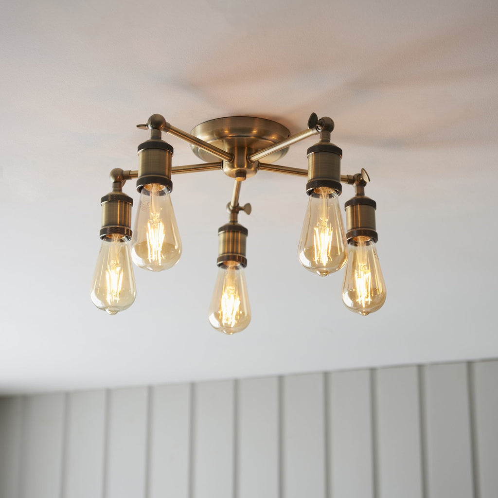 97244 Hal 5 Light Semi Flush Ceiling Light Antique Brass Plate