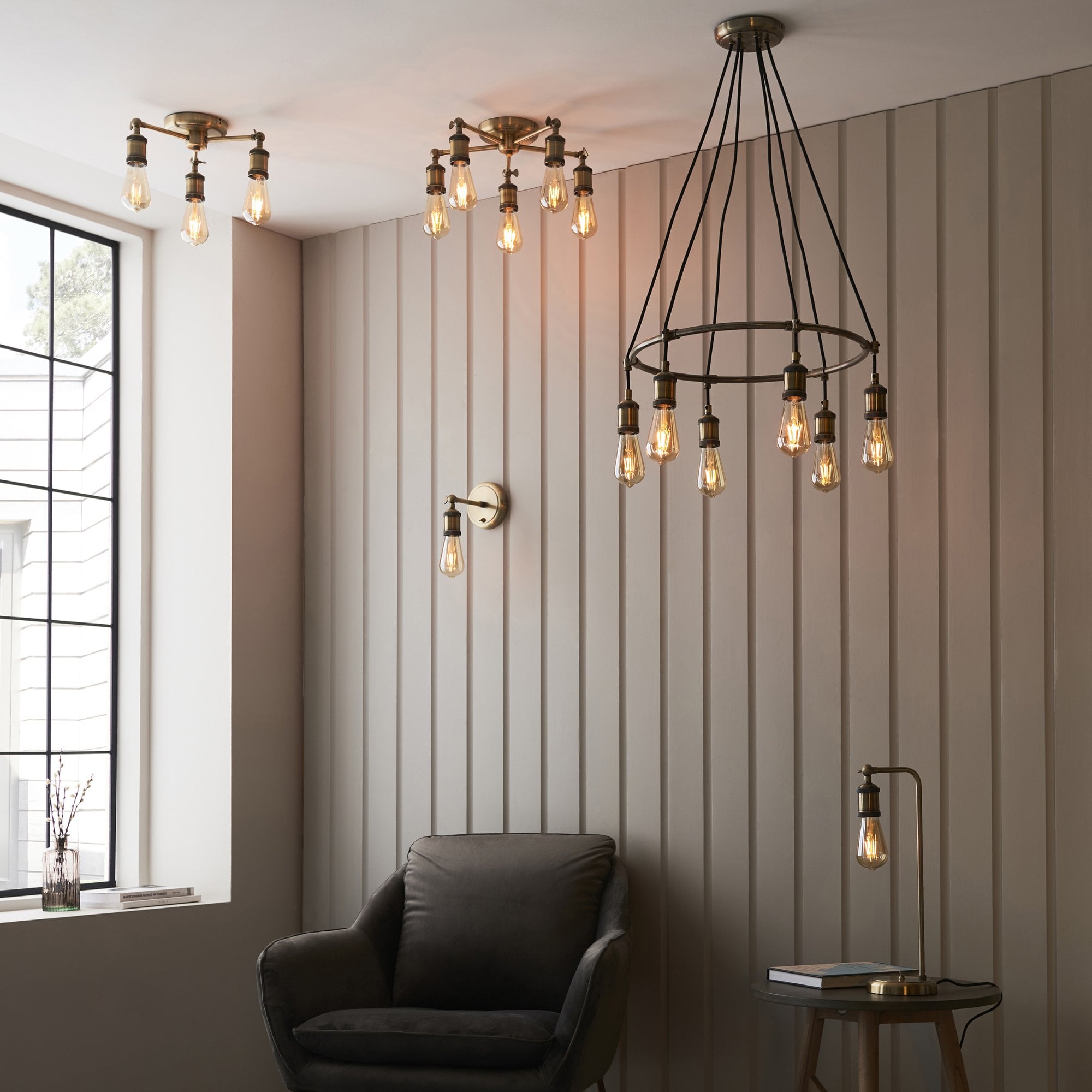 97244 Hal 5 Light Semi Flush Ceiling Light Antique Brass Plate