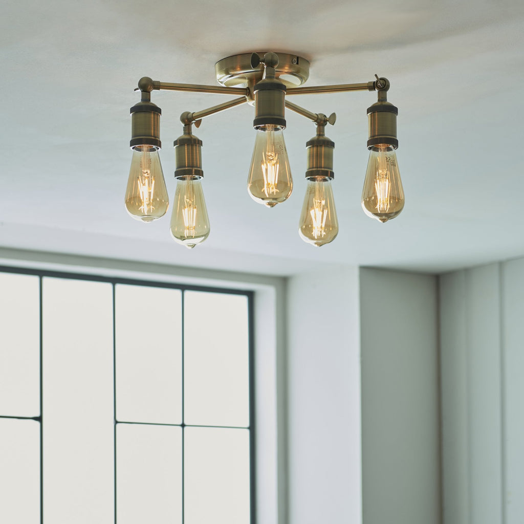97244 Hal 5 Light Semi Flush Ceiling Light Antique Brass Plate