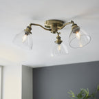 97247 Hansen 3 Light Semi Flush Ceiling Light Antique Brass Plate & Clear Glass