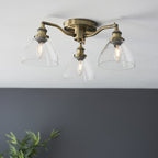 97247 Hansen 3 Light Semi Flush Ceiling Light Antique Brass Plate & Clear Glass