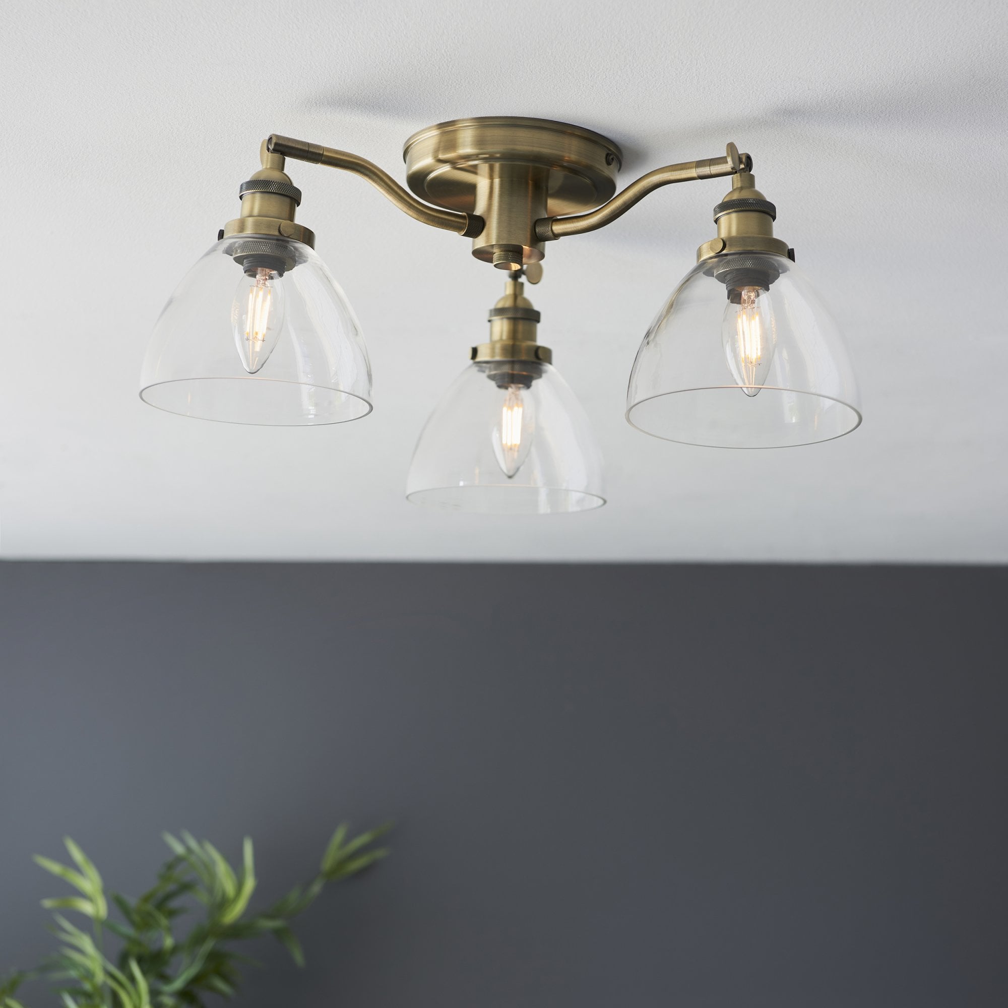97247 Hansen 3 Light Semi Flush Ceiling Light Antique Brass Plate & Clear Glass