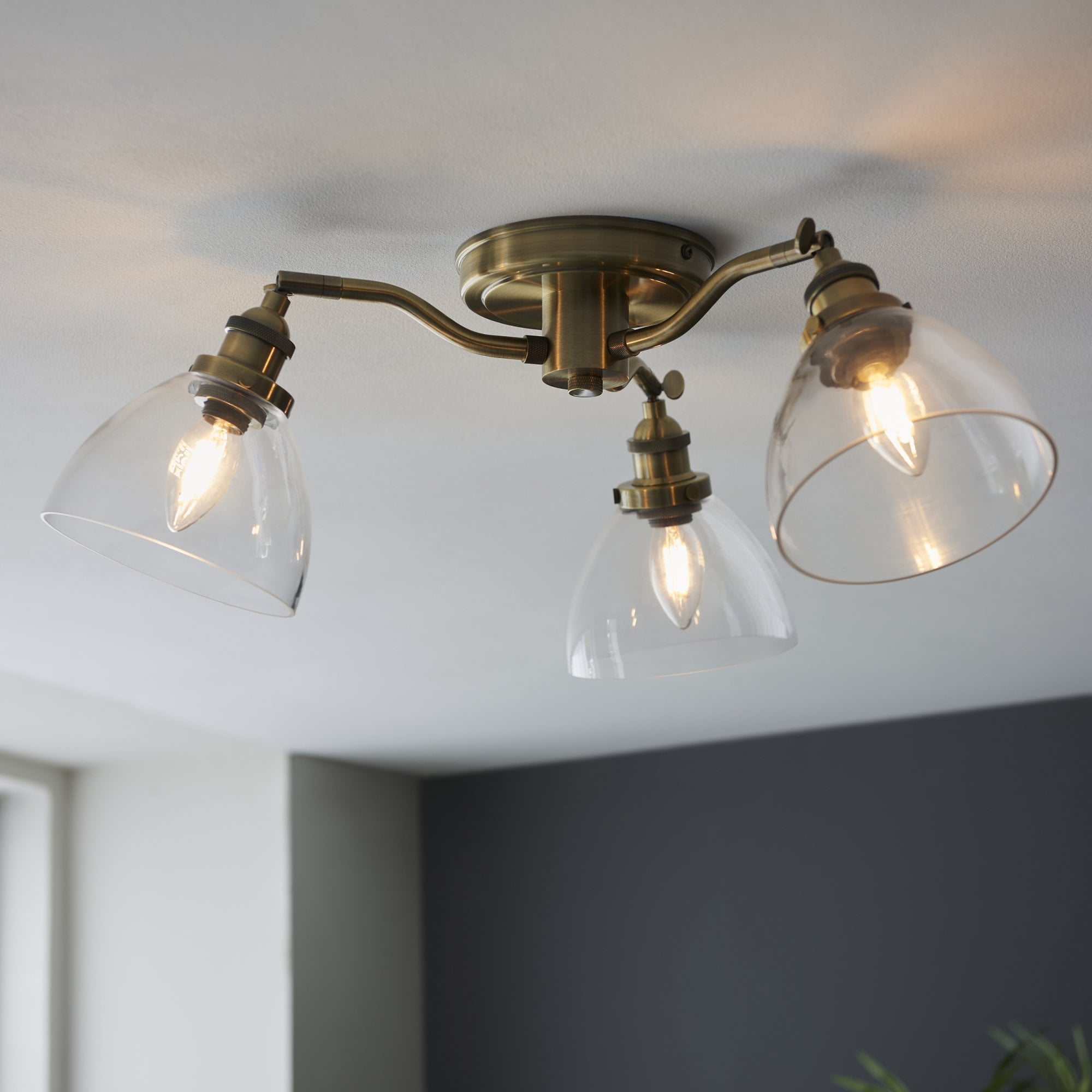 97247 Hansen 3 Light Semi Flush Ceiling Light Antique Brass Plate & Clear Glass