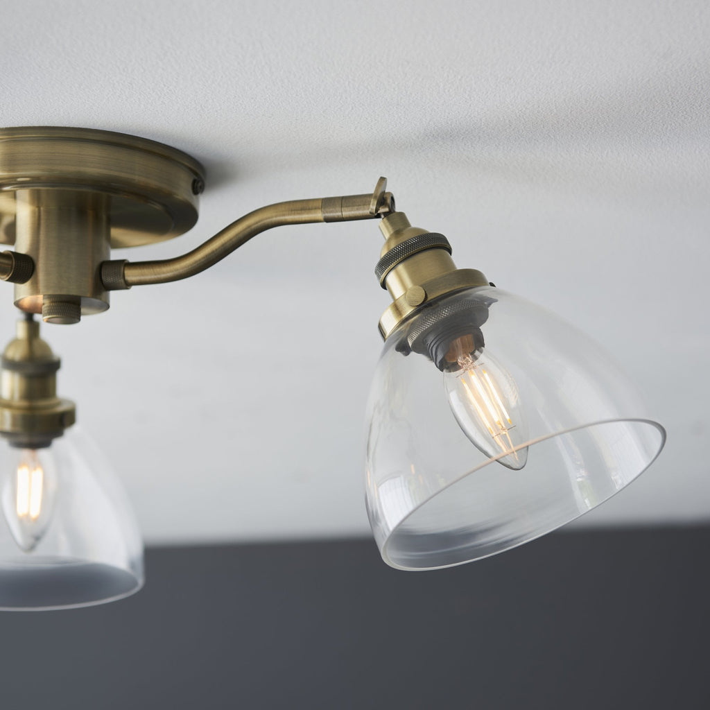 97247 Hansen 3 Light Semi Flush Ceiling Light Antique Brass Plate & Clear Glass