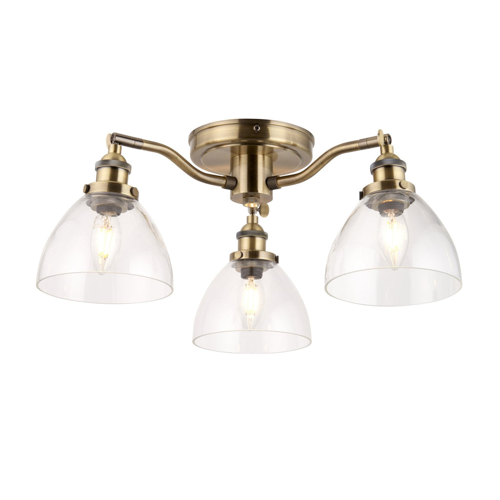 97247 Hansen 3 Light Semi Flush Ceiling Light Antique Brass Plate & Clear Glass