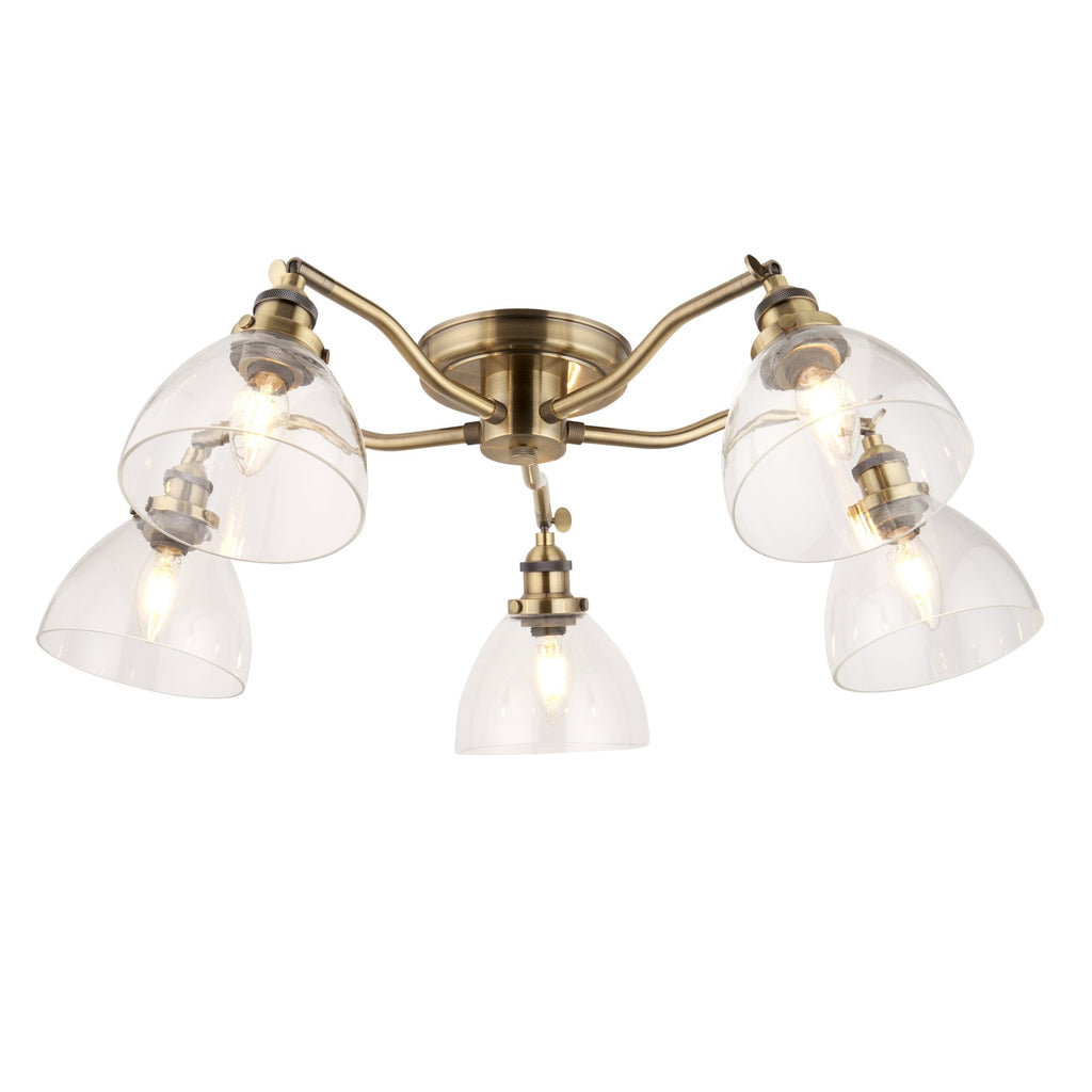 97248 Hansen 5 Light Semi Flush Ceiling Light Antique Brass Plate & Clear Glass