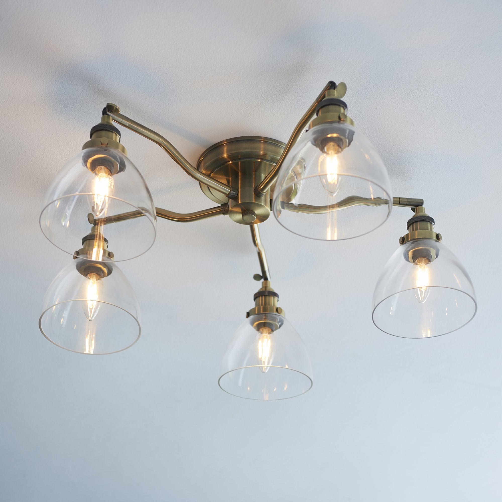 97248 Hansen 5 Light Semi Flush Ceiling Light Antique Brass Plate & Clear Glass