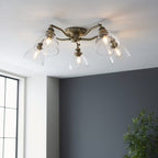 97248 Hansen 5 Light Semi Flush Ceiling Light Antique Brass Plate & Clear Glass