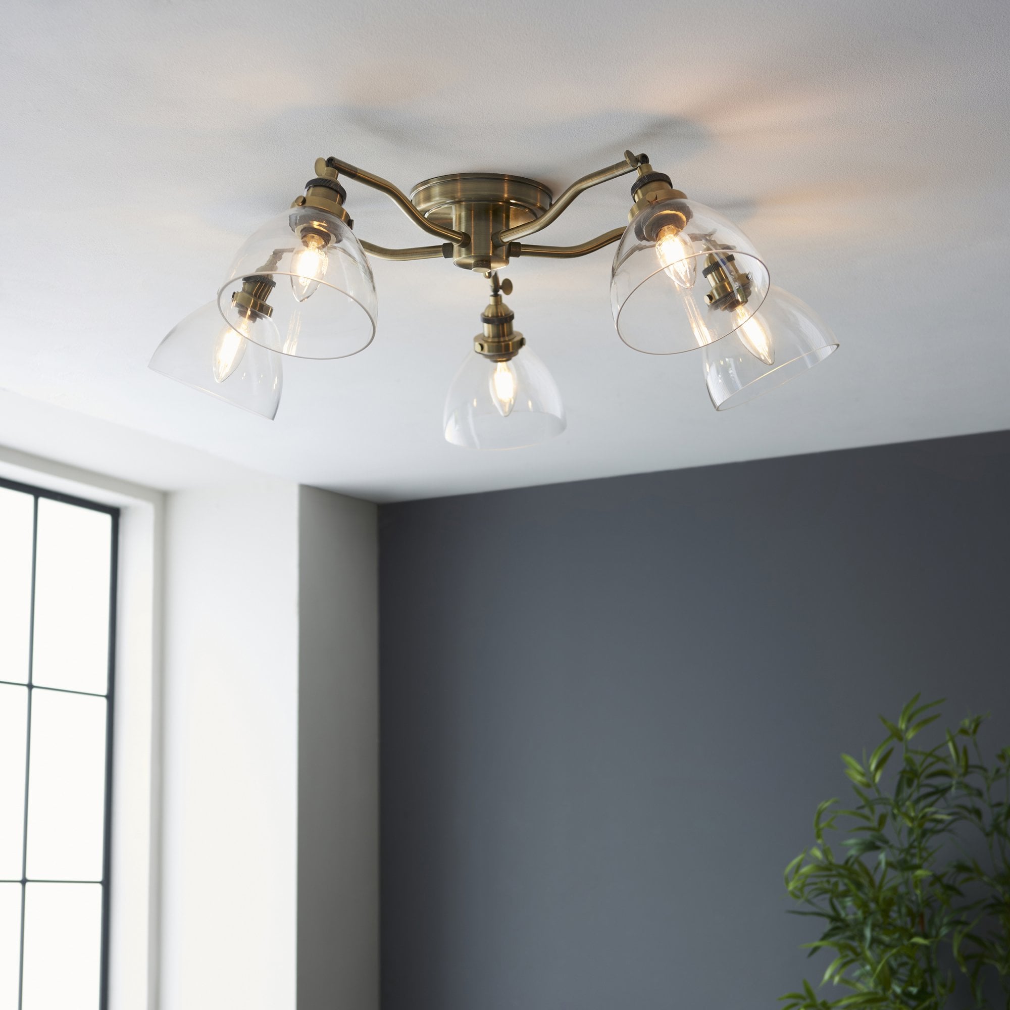 97248 Hansen 5 Light Semi Flush Ceiling Light Antique Brass Plate & Clear Glass