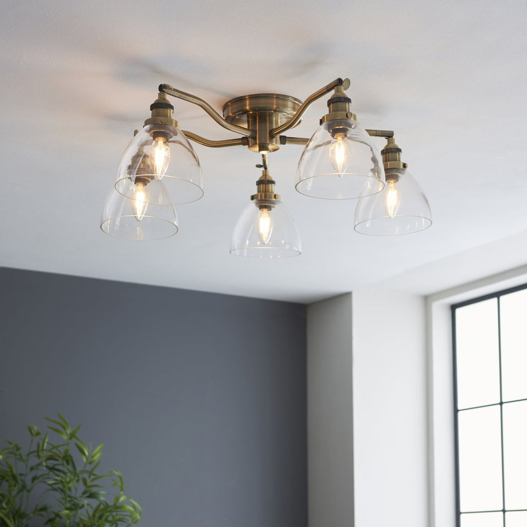 97248 Hansen 5 Light Semi Flush Ceiling Light Antique Brass Plate & Clear Glass