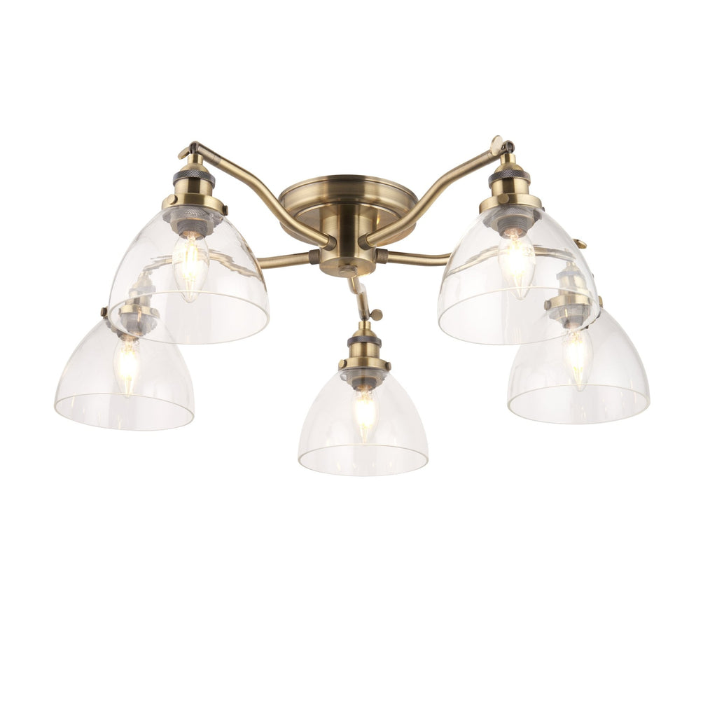 97248 Hansen 5 Light Semi Flush Ceiling Light Antique Brass Plate & Clear Glass