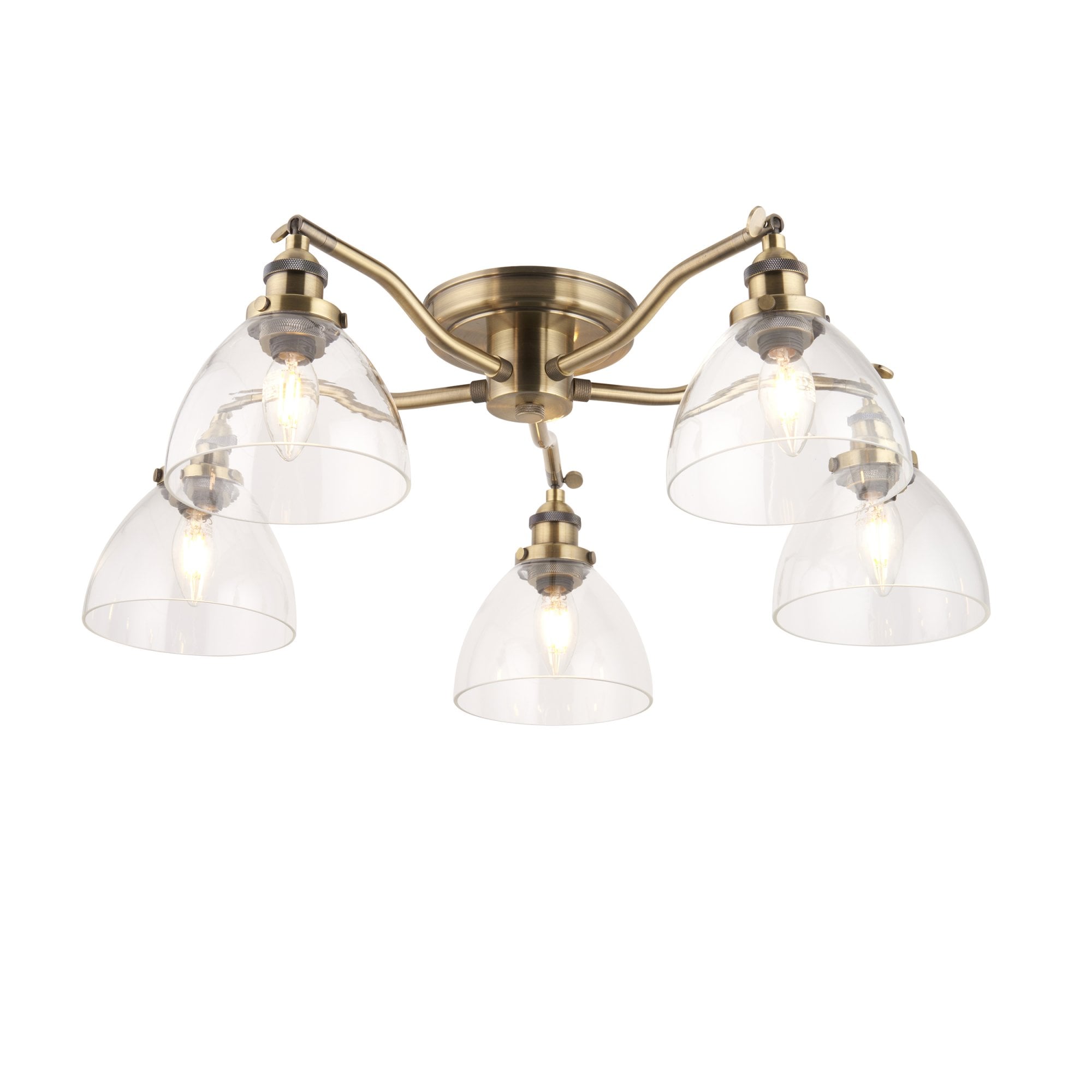 97248 Hansen 5 Light Semi Flush Ceiling Light Antique Brass Plate & Clear Glass