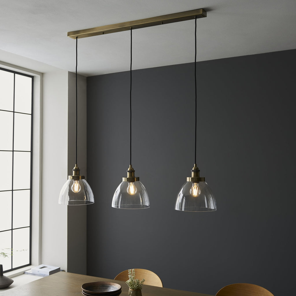 98114 Hansen 3 Light Pendant Antique Brass Plate & Clear Glass