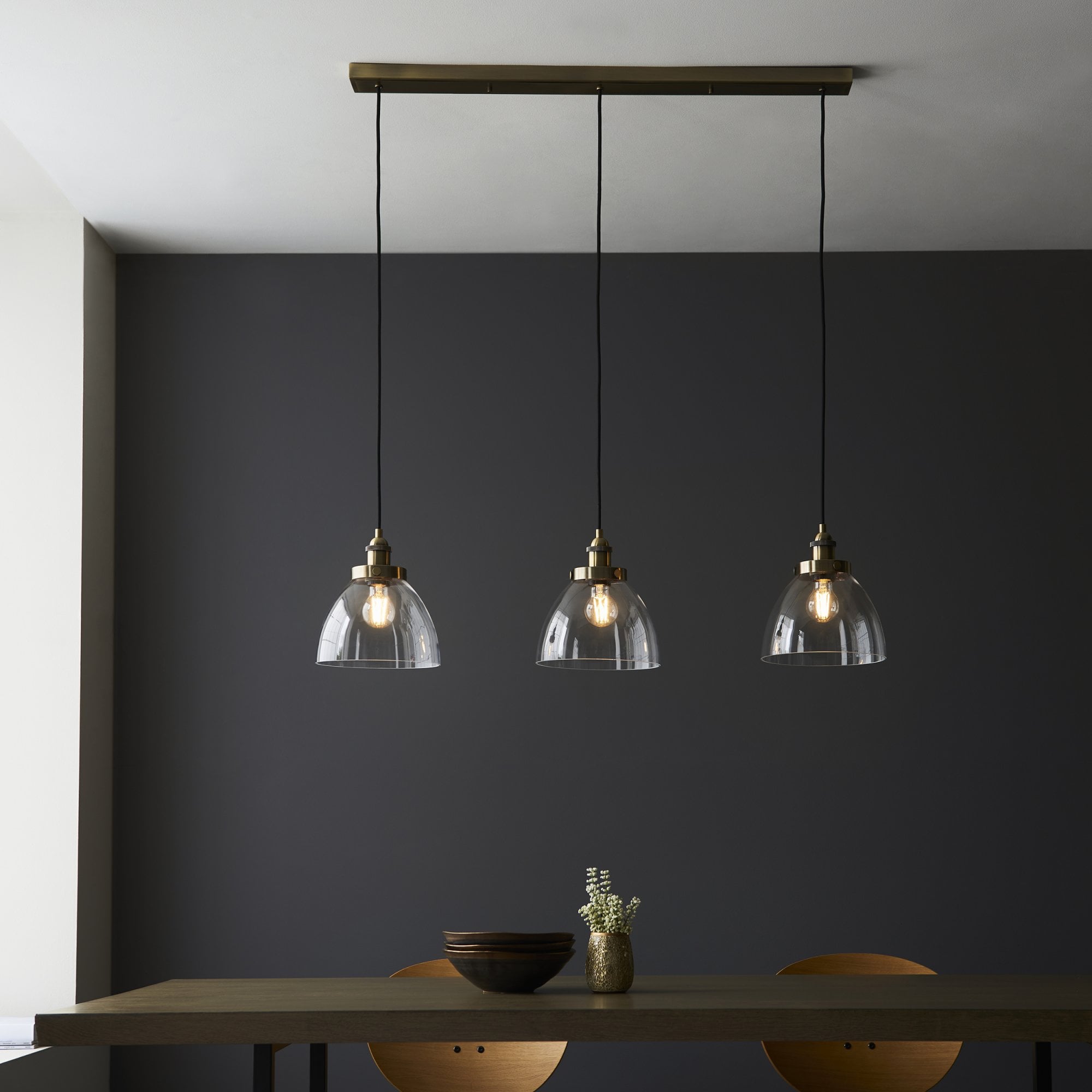98114 Hansen 3 Light Pendant Antique Brass Plate & Clear Glass