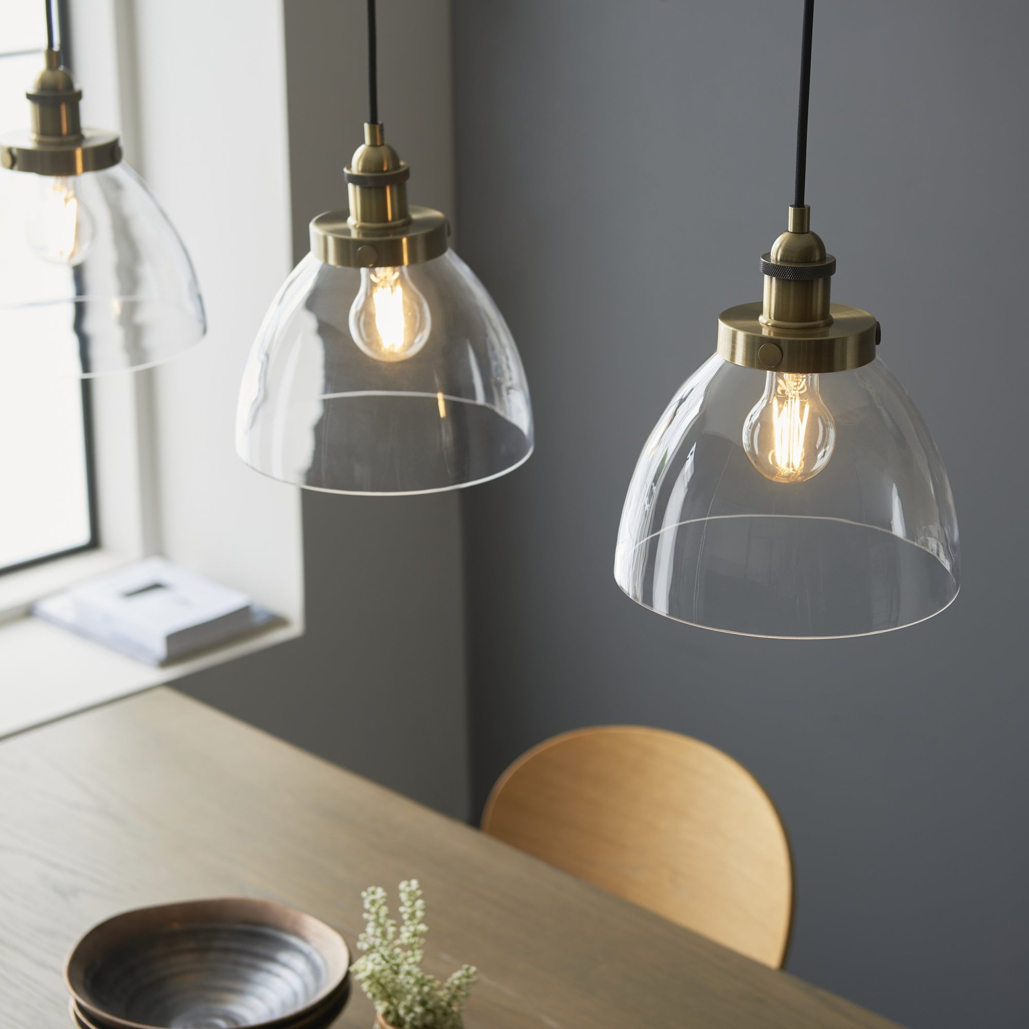 98114 Hansen 3 Light Pendant Antique Brass Plate & Clear Glass