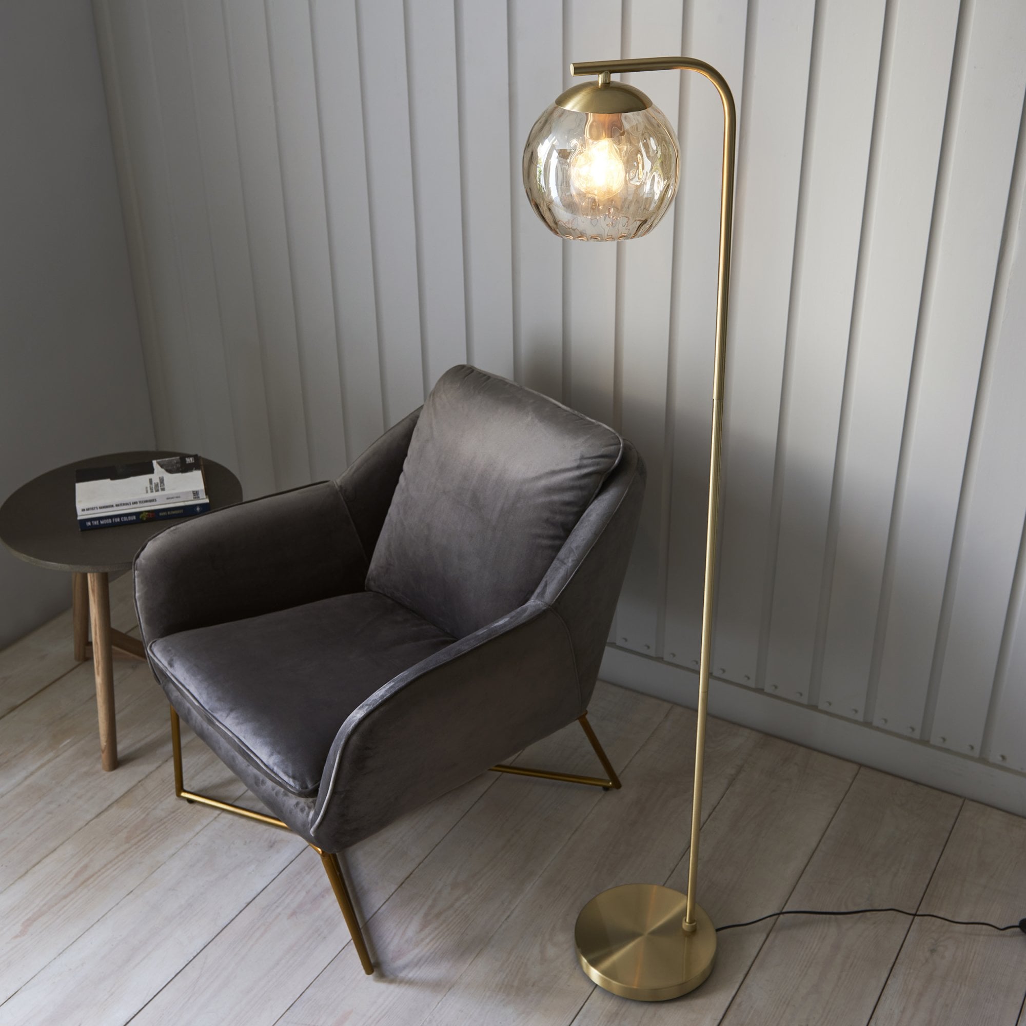 98271 Dimple 1 Light Floor Lamp Satin Brass Plate & Champagne Lustre Glass