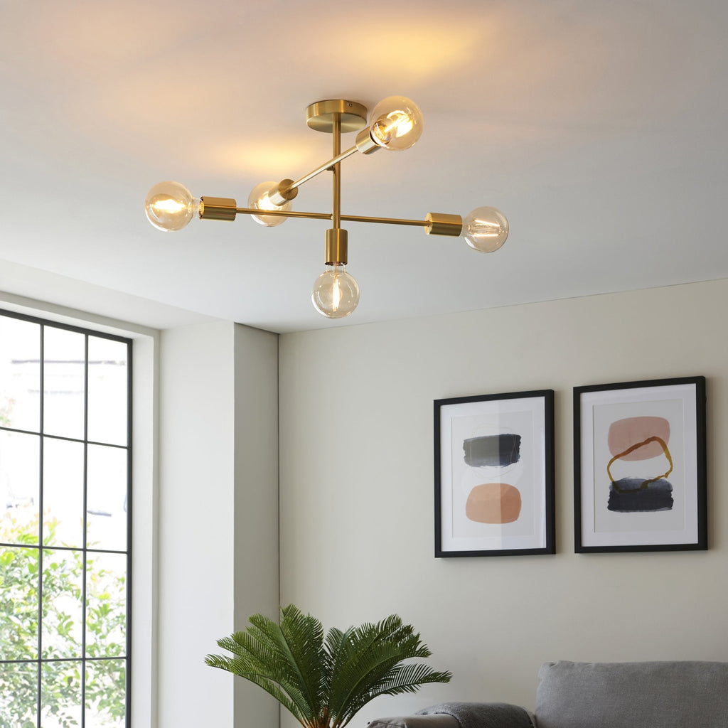 98786 Studio 5 Light Semi Flush Ceiling Light Satin Brass Plate