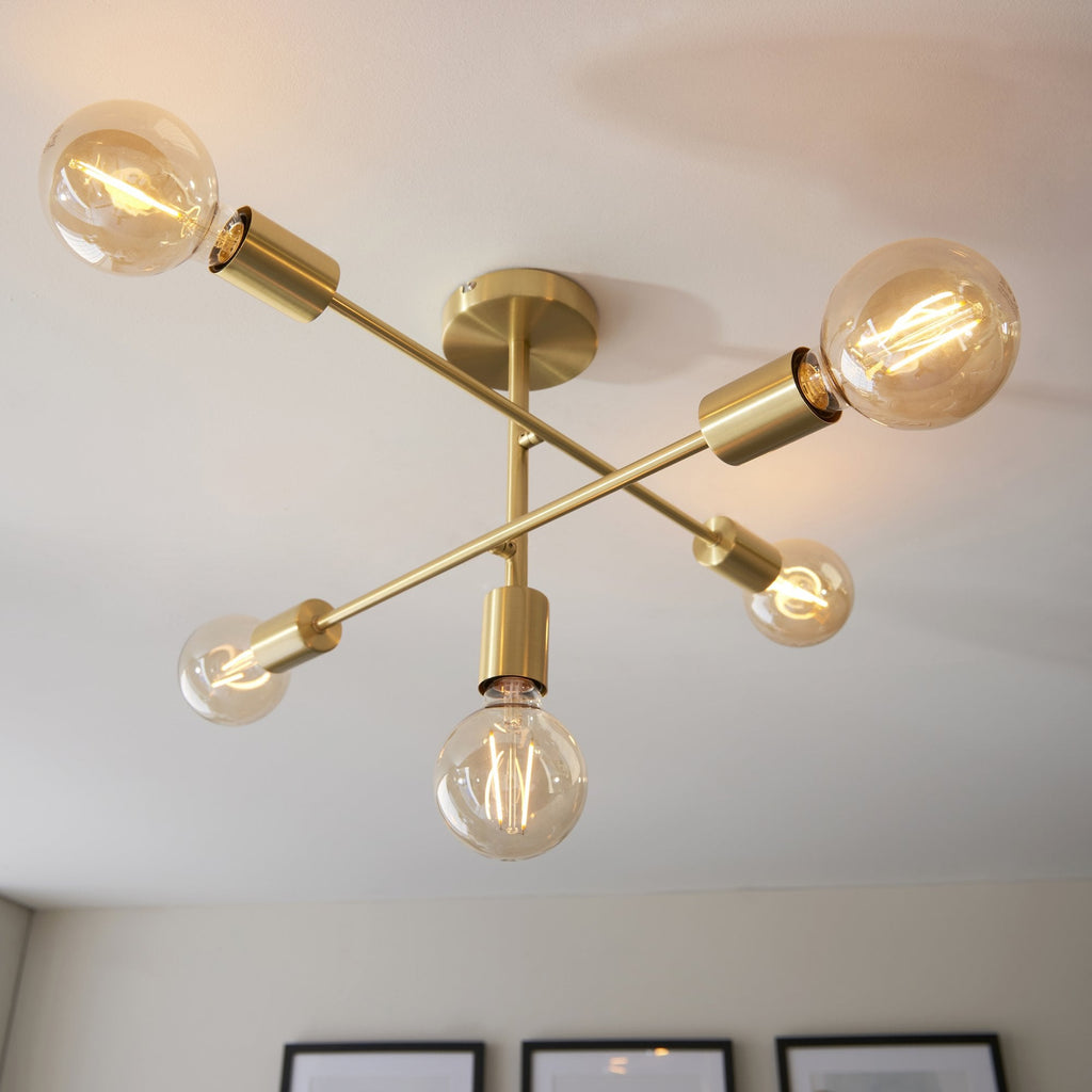 98786 Studio 5 Light Semi Flush Ceiling Light Satin Brass Plate